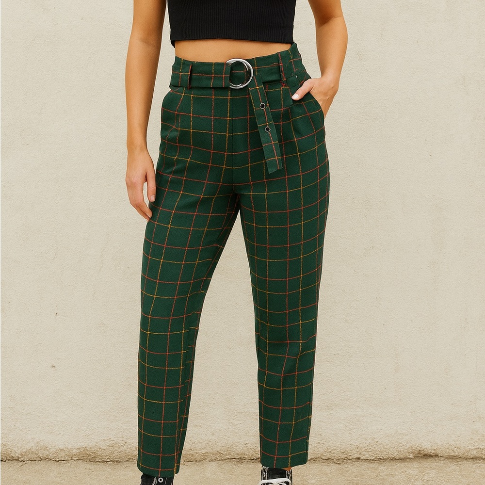 Topshop Plaid High Waist Belted Trousers Women's Size 4 Green Pink Yellow Check